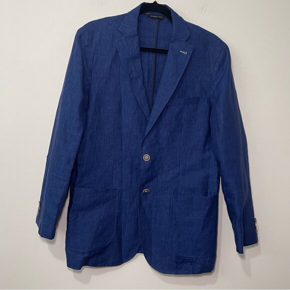 Manuel Ritz Men’s Blue 100% Linen Blend Blazer in 40R Tailored Two Button Jacket - Picture 1 of 11
